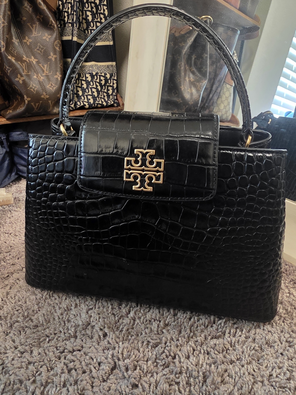 Tory Burch Black Croc-Embossed Top-Handle Satchel